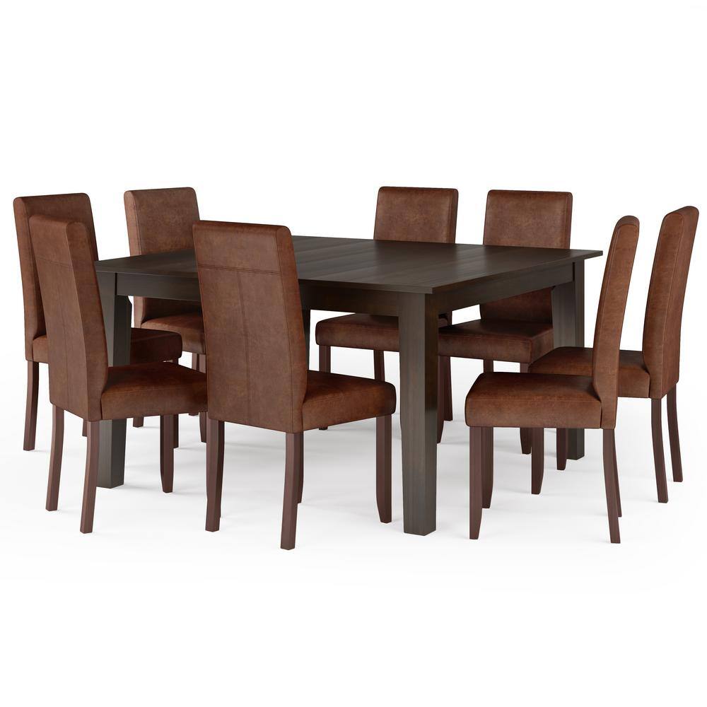 Distressed Saddle Brown Faux Leather 9-Piece Dining Set with Solid Rubberwood Table