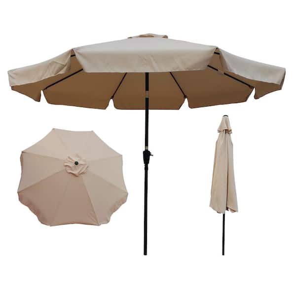 Tunearary 10 ft. Beach Patio Umbrella Table Umbrella with Crank and Push Button Tilt in LED Lights in Tan