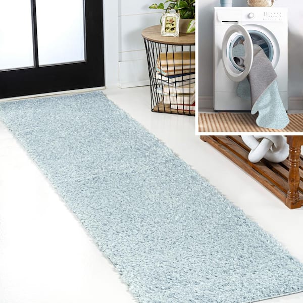 JONATHAN Y Light Blue 2 ft. x 8 ft. Clayton Coastal Solid Glam Shag Machine-Washable Runner Rug