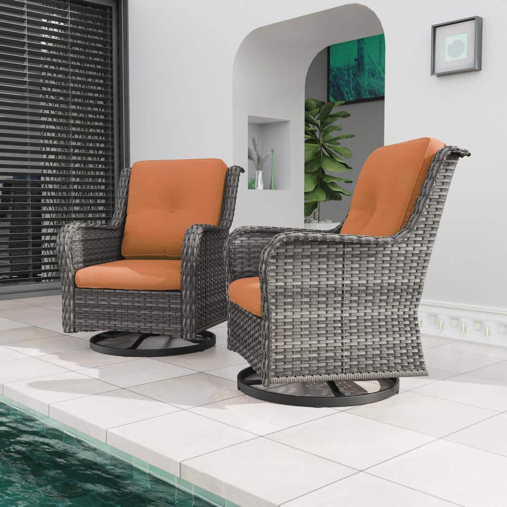 Modern Orange Cushioned Steel Frame Swivel Rocking Chair Set
