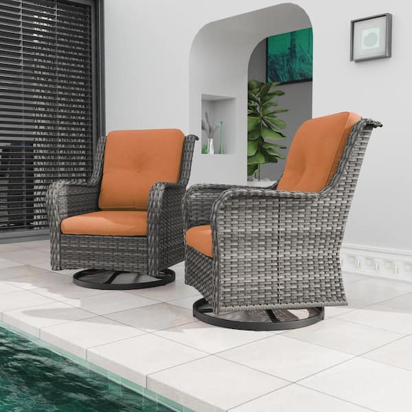 Wicker Outdoor Rocking Chair Patio Swivel with Orange Cushions (2-Pack)