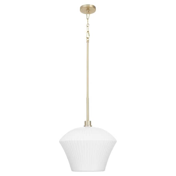 CASSINI 15 in. 1-Light 100-Watt Pendant Light with Gloss Opal Glass Aged Brass