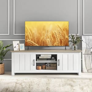 57 in. Natural TV Stand for TVs up to 65 in. with 2 Cabinets and Open Shelves, Cable Management Holes