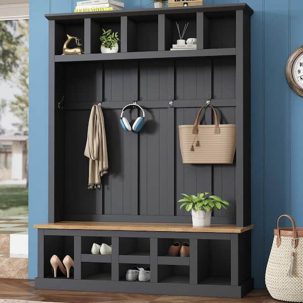 Polibi Farmhouse 78 in. H Modern Hall Tree with Wide Storage Seating Bench 13 Compartments Elegant Coat Rack with 6 Hooks Black