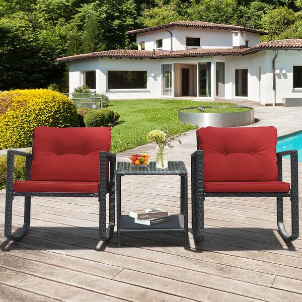 Gymax 3 Pieces Rattan Patio Rocking Chair Table Furniture Set with Burgundy Cushions GYM04860 The Home Depot