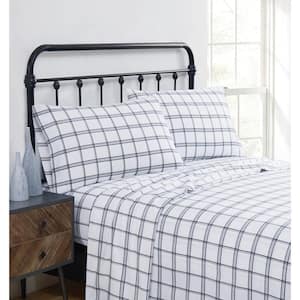 Bristol Plaid 4-Piece White and Black Cotton Flannel Queen Sheet Set