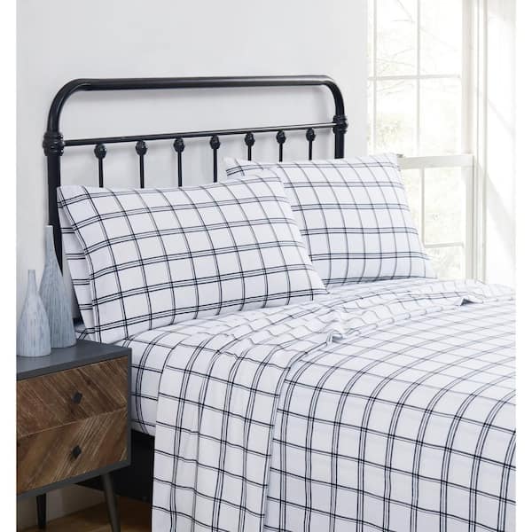 Bristol Plaid 4-Piece White and Black Cotton Flannel Queen Sheet Set