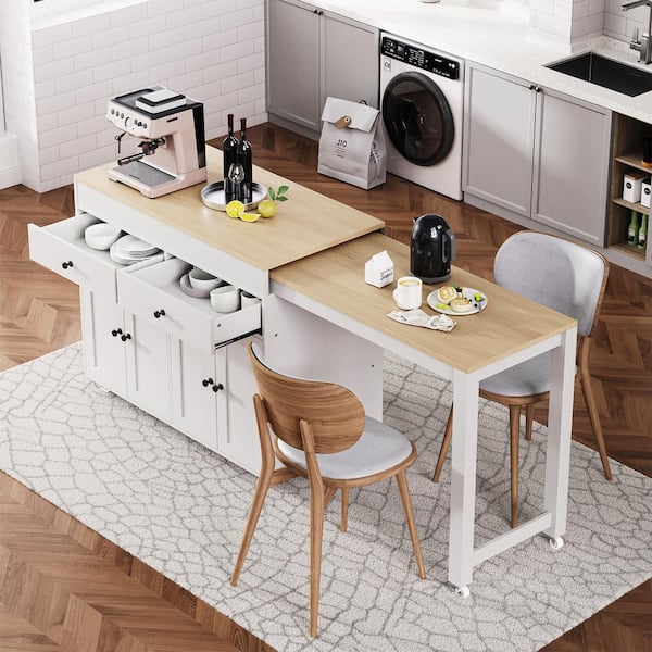 Tenleaf White Wood Kitchen Island Kitchen Cart with Extendable Dining Table, Spice Rack and 2-Drawers