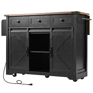 Black Wood 53.8 in. Farmhouse Kitchen Island Cart with Drop Leaf, Power Outlet, Sliding Barn Doors and 3-Drawers