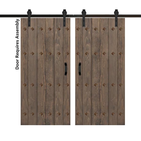 ISLIFE Mid-Century New Style 76 in. x 84 in. Smoky Gray Finished Solid Wood Double Sliding Barn Door with Hardware Kit