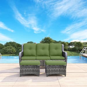 Wicker Outdoor Patio Sofa Sectional Set with Green Cushions and Ottoman