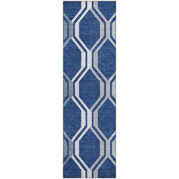 Mayfield Premium Machine Washable Abstract AMF2326 Navy 2 ft. x 7 ft. Runner Rug