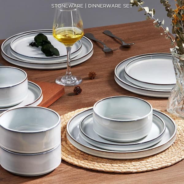 18-Piece Stoneware Dinnerware Set for 6, Glacier White with Rustic