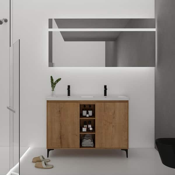 UPIKER Modern 48 in. W x 18.3 in. D x 34.6 in. H Double Sink Freestanding Bath Vanity in White with White Gel Top