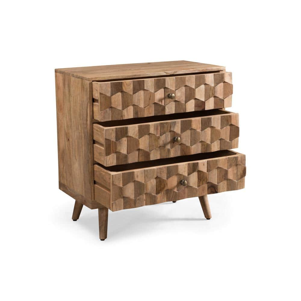 Poppy Mid-Century Mango Wood 3-Drawer Chest with 3D Weave