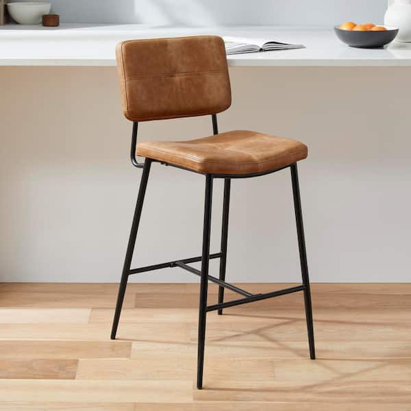 26 in. Blackburn Mid-Century Modern Cognac Faux Leather Counter Stool with Black Metal Frame (Set of 2)