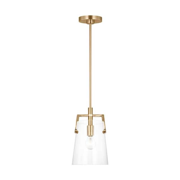 Crofton 7.75 in. W x 12.25 in. H 1-Light Satin Brass Modern Pendant Light with Clear Glass Shade No Bulb Included