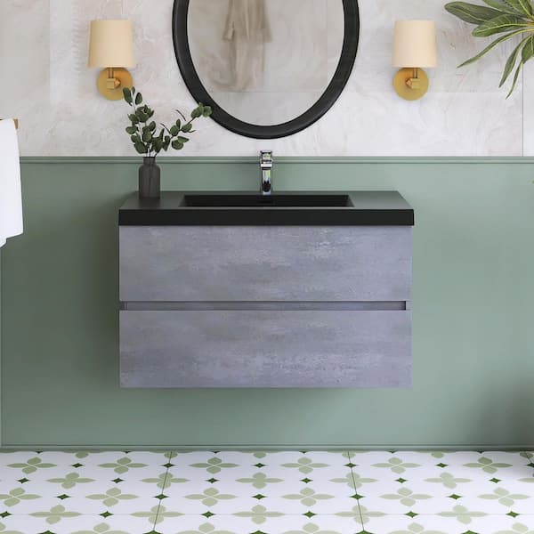 35.43 in. W x 19.69 in. D x 22.5 in. H Single Sink Wall Mounted Bath Vanity in Grey with Black Quartz Top