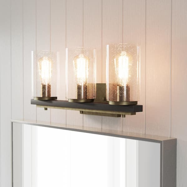 Hampton Bay Boswell Quarter 3-Light Vintage Brass Vanity Light with Painted Black Distressed Wood Accents