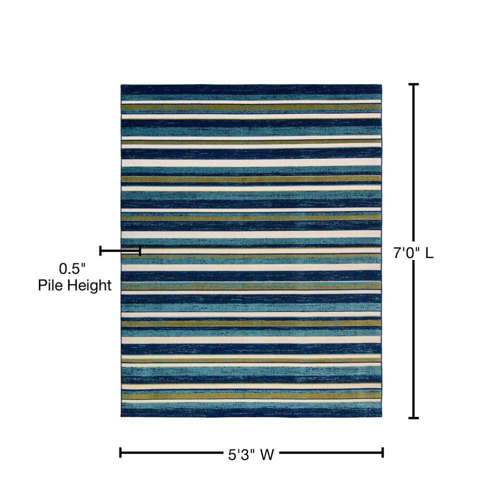 Blue and Green Striped Synthetic 5' x 7' Indoor/Outdoor Rug