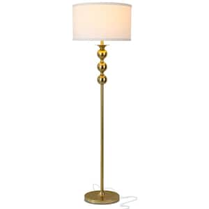 Riley 60 in. Antique Brass Mid-Century Modern 1-Light LED Energy Efficient Floor Lamp with White Fabric Drum Shade