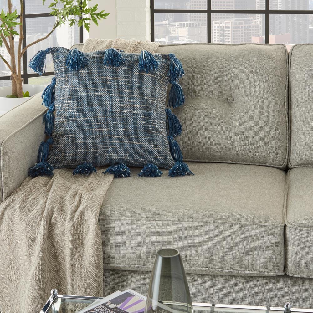 Navy Woven Cotton Throw Pillow with Tassels, 18" x 18"
