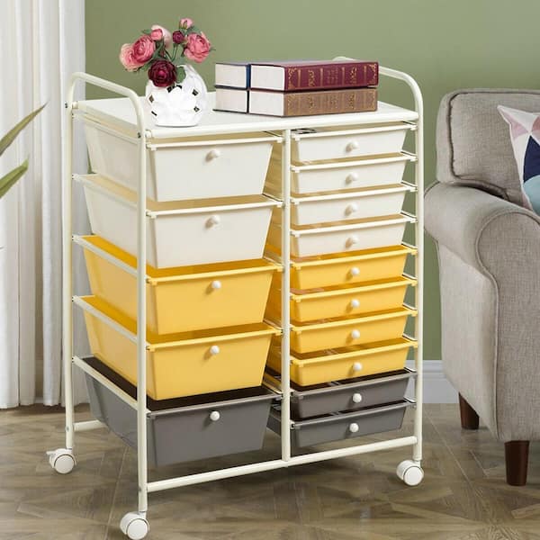 Yellow Steel Frame 15-Drawer Utility Rolling Organizer Cart with Four wheels