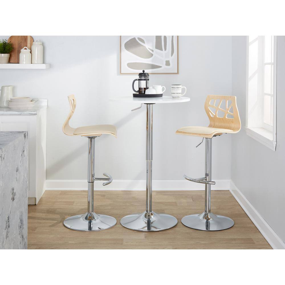 Adjustable Cream Faux Leather and Natural Wood Swivel Bar Stools