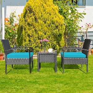 3-Pieces Wicker Patio Conversation Set Outdoor Rattan Furniture with Turquoise Cushions