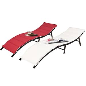2-Piece Outdoor Patio Rattan Wicker Lounge Chair Chaise Folding with Red and Beige Cushions