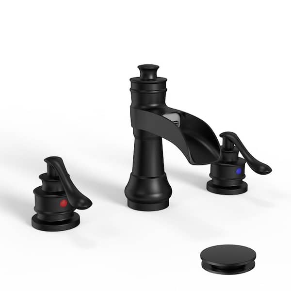 8 in. Waterfall Widespread 2-Handle Bathroom Faucet With Pop-up Drain Assembly in Spot Resist Matte Black