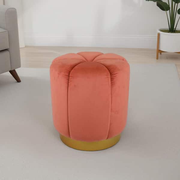 Benjara Sylvie Red and Gold Velvet Round Accent Ottoman