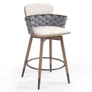 Bechor 25 in. Beige and Gray Wood Counter Stool with Woven Fabric Seat 1 (Set of Included)