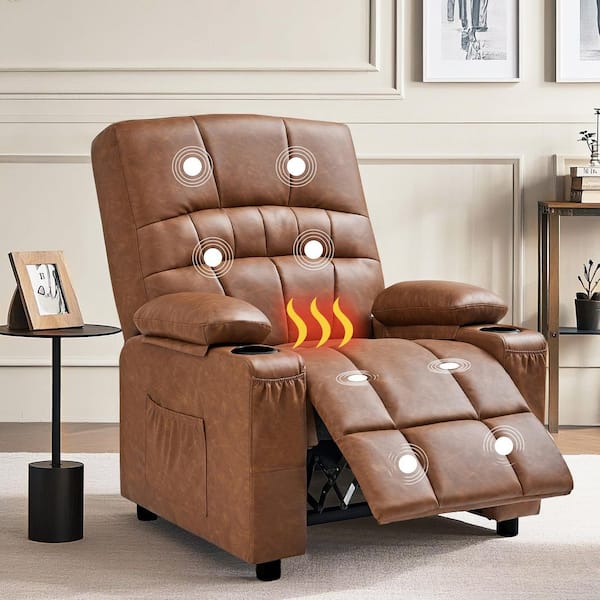 Power Recliner Chair with Massage & Heat, Brown Oversized PU Leather Rocking Chair Massage Chair for Living Room/Bedroom