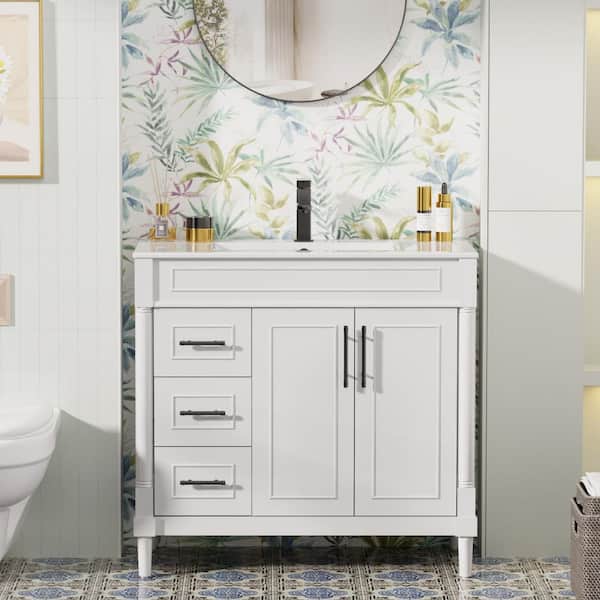 36 in. W Single Sink Freestanding White Bath Vanity with White Integrated Resin Sink Top and Drain Faucet Set