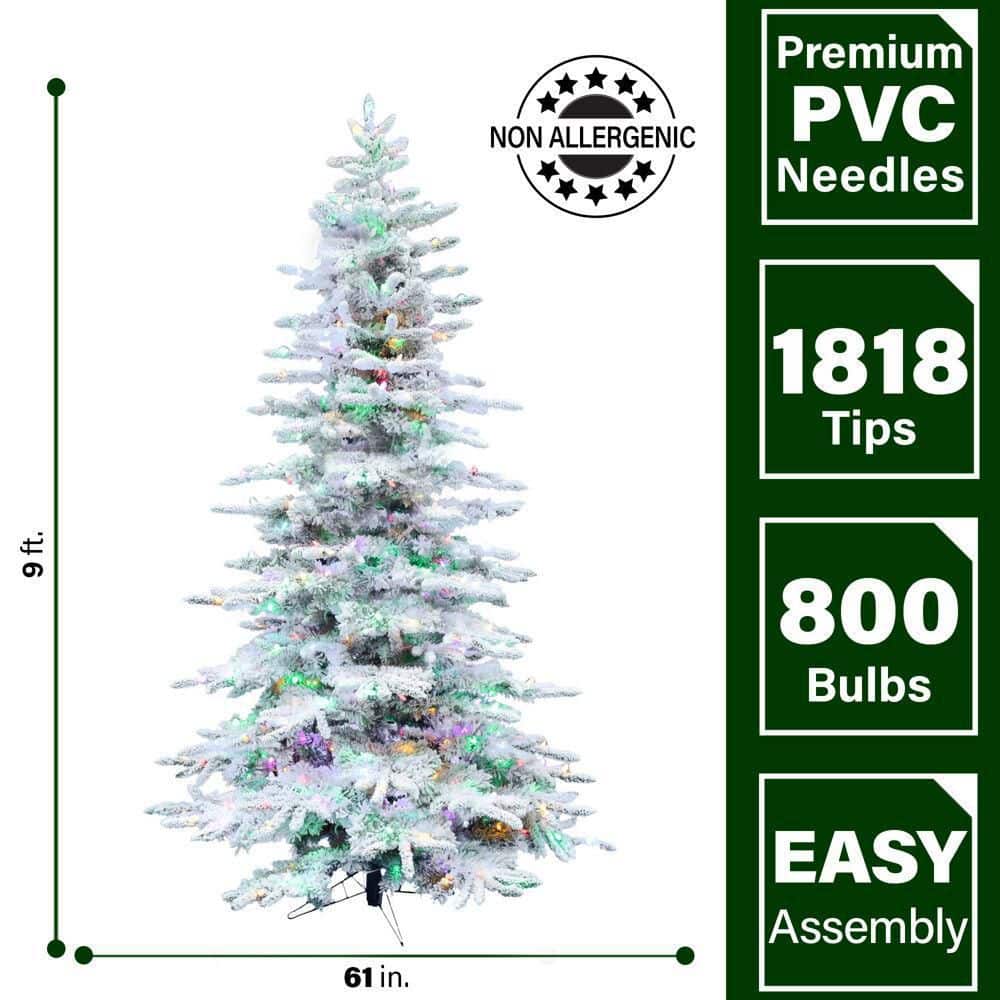 9-Foot Flocked Pine Christmas Tree with Multicolor LED Lights