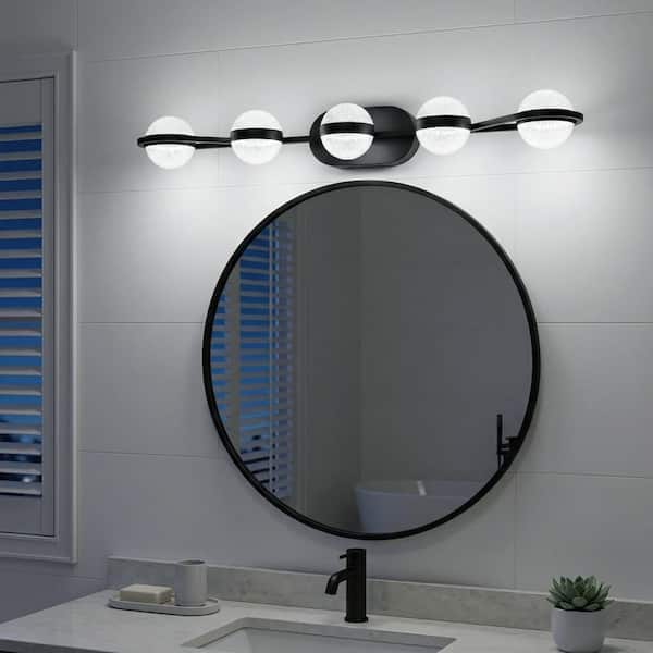 35 in. 5 Light Modern black Vanity Light Fixture Bathroom Over Mirror Wall Lights with Iron Crystal Minimalist Design