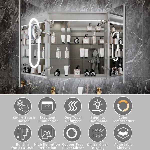 30 in. W x 32 in. H Large Rectangular Silver LED Defogged Aluminum Recessed/Surface Mount Medicine Cabinet with Mirror