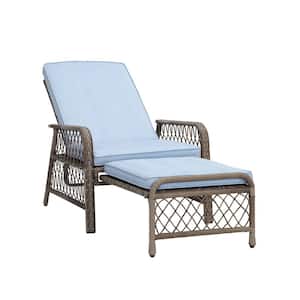 Brown Waterproof Adjustable Backrest Metal Plus Fully Handmade Wicker Rattan Frame Outdoor Lounge Chairs/Blue Cushion