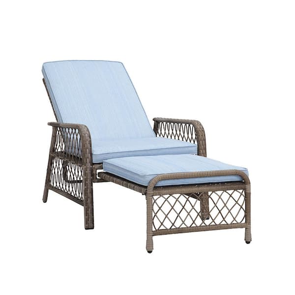 Tenleaf Brown Waterproof Adjustable Backrest Metal Plus Fully Handmade Wicker Rattan Frame Outdoor Lounge Chairs/Blue Cushion