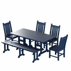 Hayes 6-Piece All Weather HDPE Plastic Rectangle Table Outdoor Patio Dining Set with Bench in Navy Blue