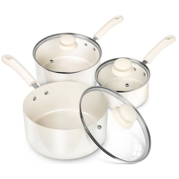 3-Piece Non-Stick Aluminum Sauce Pan Set with Lid, Multi-Pot Set with 1QT, 2QT and 3QT, White