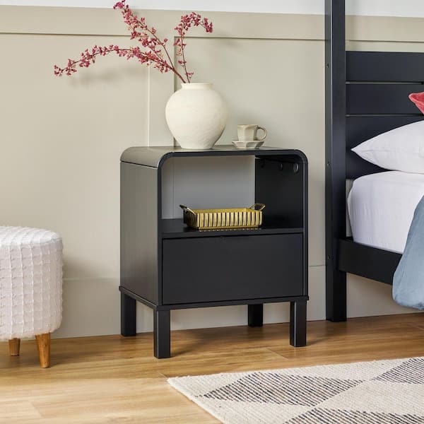 Walker Edison Furniture Company Black 1-Drawer Solid Wood Modern Rounded 19 in. W Nightstand, Set of 2
