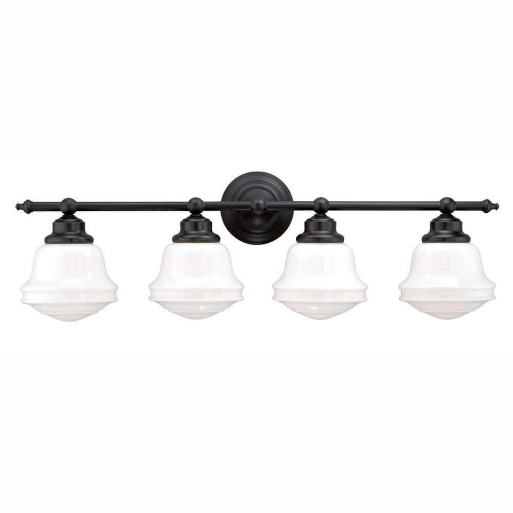 Huntley 32 in. W 4-Light Oil Rubbed Bronze Vanity Light Fixture White Milk Schoolhouse Glass Bathroom Wall Lighting price history on PriceWatchPro