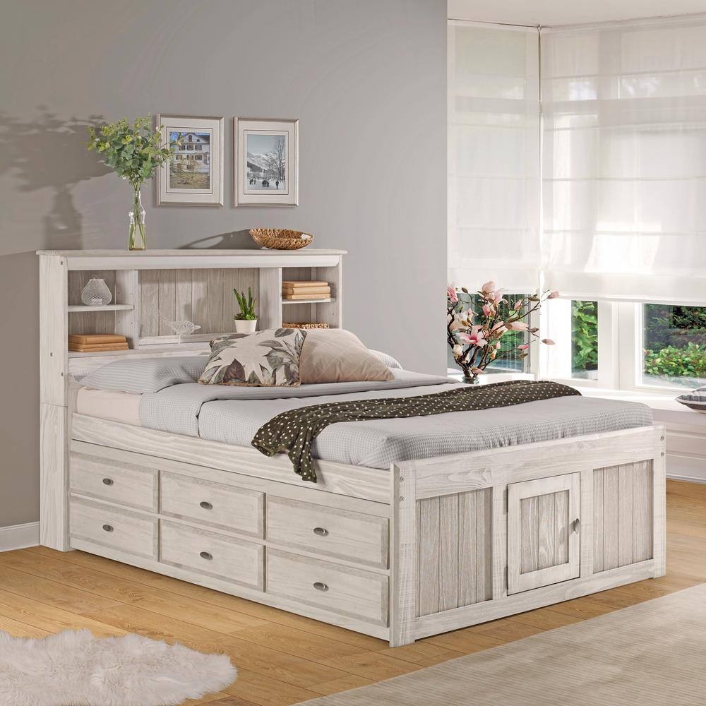 Light Ash Full Size Solid Pine Captain's Bed with Bookcase and Storage Drawers