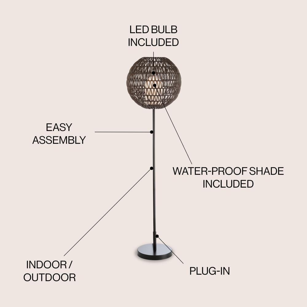 Bea 61" Black and Coffee Woven Globe Outdoor Floor Lamp