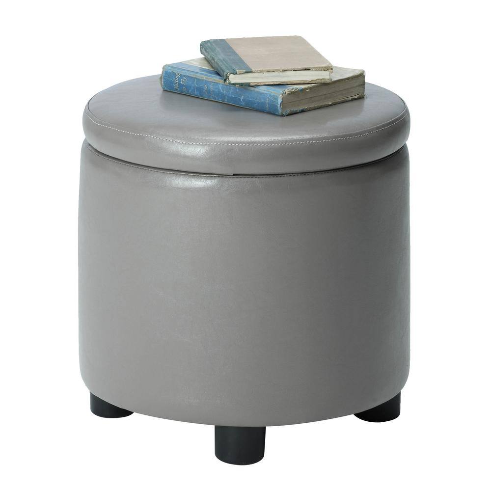 Gray Faux Leather Round Storage Ottoman with Reversible Tray Lid