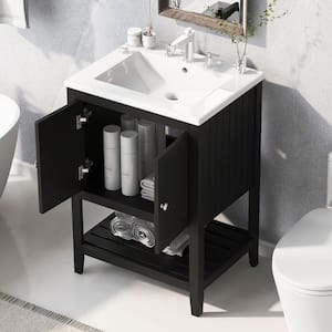 24 in. W x 18 in. D x 33.9 in. H Single Sink Freestanding Bath Vanity in Black with White Resin Top and Storage Cabinet