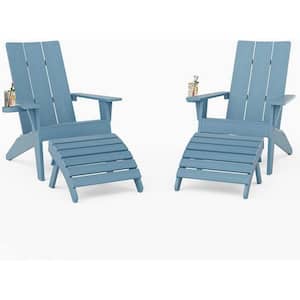 4-Piece Oversize Modern Blue Plastic Outdoor Patio Adirondack Chair with Folding Ottoman Set