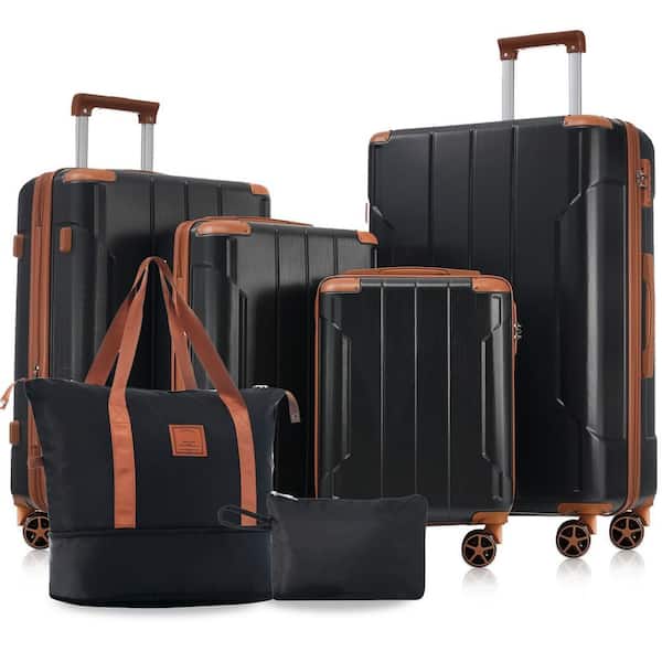 6-Piece Black Brown Hardshell and Lightweight Luggage Set with TSA Lock